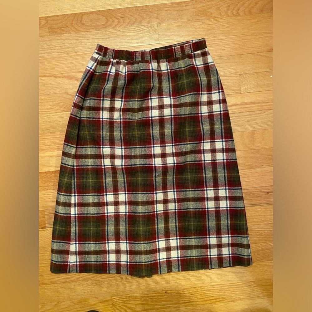 VINTAGE MIDI LENGTH PLAID WOOL SKIRT